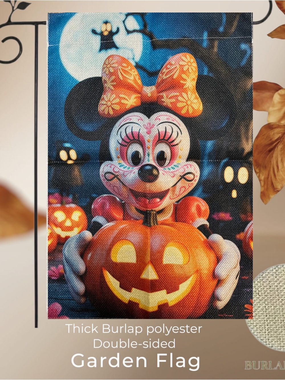 Garden Flag, Minnie Mouse Halloween, Burlap, Double-sided, approx 12”x18”